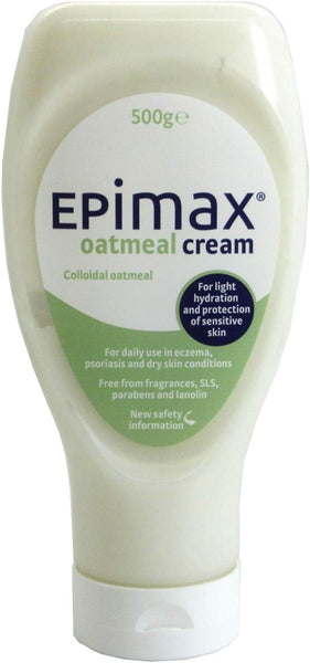 Epimax Oatmeal Cream (500ml) comes in a white and green tube. Its a moisturizing solution ideal for eczema, psoriasis, and dry skin, free from fragrances, SLS, parabens, and lanolin. Updated safety info ensures your skincare needs are met.