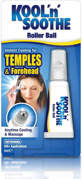 The Kool N Soothe Cooling Temples And Forehead Roller Ball (5ml) packaging highlights a woman using the product, showcasing its roller ball design for instant cooling relief and massage benefits. The gel offers over 100 applications as an effective headache remedy.