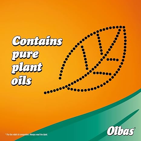 A dotted leaf design on an orange and green backdrop accompanies the text, Contains pure essential plant oils. The Olbas logo, famous for its Olbas Inhaler Nasal Stick decongestant products, is prominently displayed in the bottom right corner.