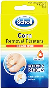 The yellow and blue box of Scholl Corn Removal Plasters (4 count) features a foot with a plastered toe, emphasizing its medicated, waterproof plasters containing salicylic acid for effective corn relief and removal.