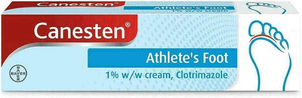 The Canesten Athletes Foot Cream (15g) box highlights its branding and product details, with 1% w/w clotrimazole. An illustration shows affected foot areas, emphasizing targeted athletes foot relief.