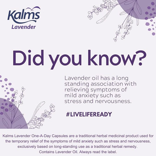 A promotional image for Kalms One-a-Day Lavender (14 Capsules) showcases its benefits as a herbal remedy with text stating, Did you know? Lavender oil is known for alleviating mild anxiety symptoms like stress and nervousness. The design includes lavender illustrations and further product details.