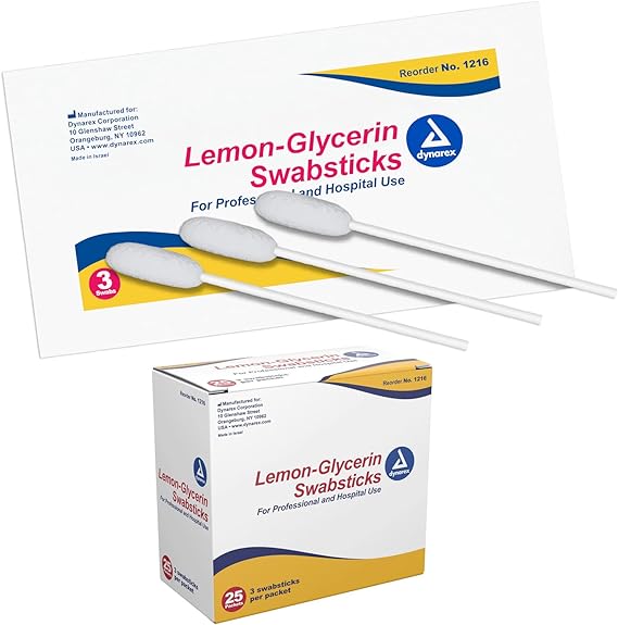 The Dynarex Lemon Glycerin Swabsticks (25), ideal for oral hygiene, come in a box with a display card labeled For Professional and Hospital Use. Reorder number 1216.