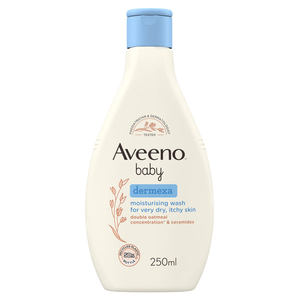Aveeno Baby Dermexa Moisturising Wash (250ml) is a white bottle with a blue cap for eczema-prone skin. Its label highlights oats, ceramides, and a dermatologically tested stamp.