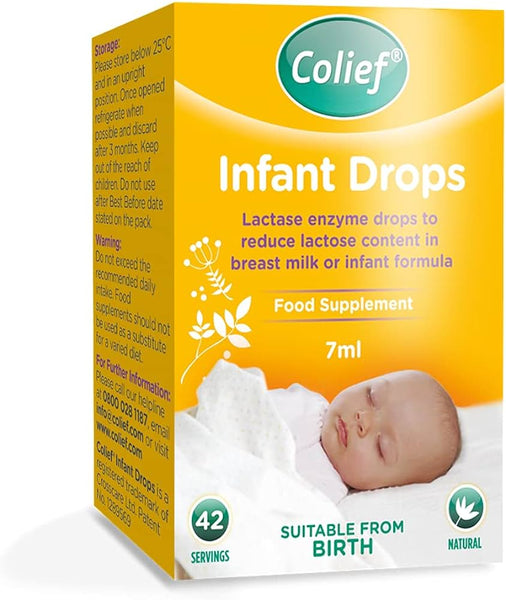 Colief Infant Drops (7ml) features a sleeping baby on the box and provides relief from digestive discomfort using a lactase enzyme supplement that reduces lactose in breast milk or formula. Suitable from birth, it offers 42 servings and includes storage and usage instructions.