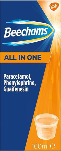 The Beechams All-in-One Colds & Flu Liquid (160ml) features a vibrant blue and orange design with the GSK logo, highlighting its powerful cold and flu relief. It contains paracetamol, phenylephrine, and guaifenesin in a 160 ml non-drowsy formula, depicted with an orange measuring cup.