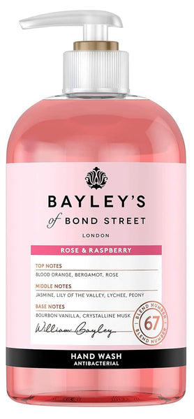 The Bayleys Of Bond Street Rose And Raspberry Hand Wash (335ml) comes in a pink bottle with a pump. It features scent notes of blood orange, bergamot, and crystalline musk. Enjoy this luxurious blend for a fragrant cleansing experience.