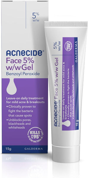 Tube and box of Acnecide Face Gel 5% 15g by Galderma for daily acne treatment, highlighting its strength in fighting acne breakouts and effectively eliminating blackheads, whiteheads, and bacteria that cause mild acne.