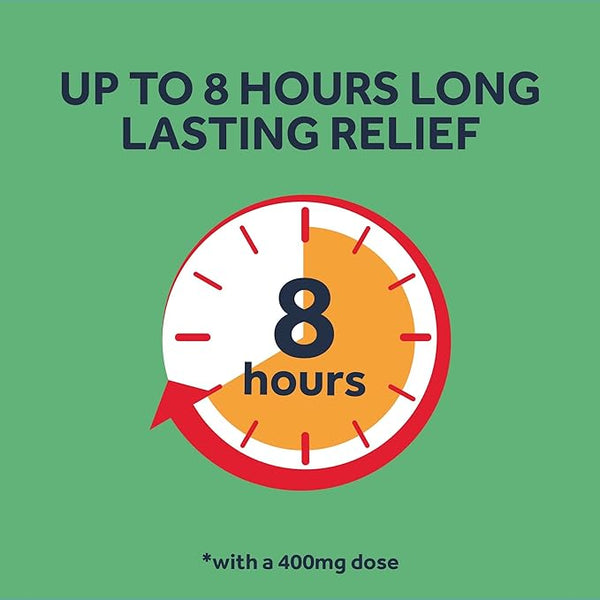 The image shows a green background with text saying Up to 8 hours long-lasting relief, above a clock displaying 8 hours. A note at the bottom states *with a 400mg dose of Nurofen Express for dual action relief.