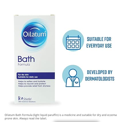 Image of the Oilatum Bath Formula Emollient Wash (300ml) box, emphasizing its effectiveness for dry skin and daily use. Icons of a calendar and doctor underscore its dermatologist-approved eczema treatment.