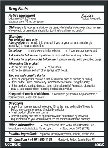 The Stud 100 Desensitizing Spray (3 pack) label displays drug facts, featuring 9.6% w/w Lidocaine. It includes usage instructions, warnings, contact info for queries, and is for external use only with precautions to effectively prolong intimacy.