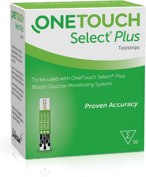 The OneTouch Select Plus (50 strips) box, in green and white, is made for a blood glucose meter. It boasts Proven Accuracy and works with the OneTouch Delica Plus lancing device. The Lifescan logo is at the bottom left.