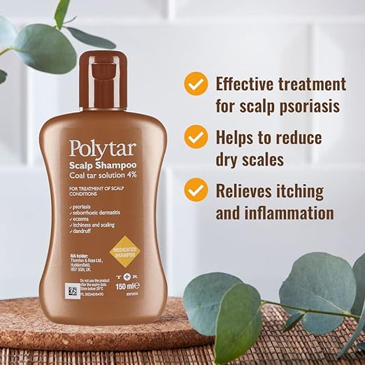 A 150 ml bottle of Polytar Scalp 4% sits on a mat with eucalyptus leaves, claiming to treat scalp psoriasis and dermatitis by reducing dry scales and relieving itching and inflammation—a dandruff remedy for diverse scalp conditions.