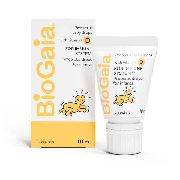 A 10ml tube and box of Biogaia Protectis Baby Drops with Vitamin D, designed for infant immune support and gut balance, featuring a yellow baby graphic on a white background.