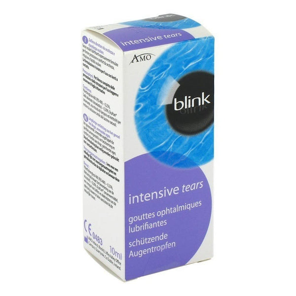 The Blink Intensive Tears Eye Drops (10ml) box, in white and purple, displays a large blue eye graphic. Ideal for dry-feeling eyes, it features multilingual text about lubricating drops for tear film stability.