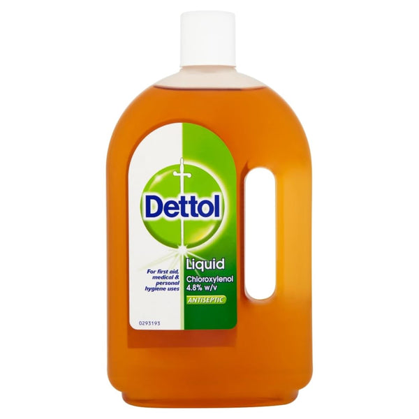 A large plastic bottle of Dettol Original Liquid (750 ml) is displayed, featuring a green and white label from the Dettol brand that promises germ protection. It contains Chloroxylenol 4.8% w/v. This brownish antibacterial disinfectant with a white cap ensures cleanliness and safety.