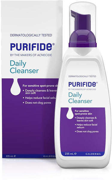 Image of Galdermas Purifide Daily Cleanser 235ml, a dermatologist-tested product ideal for sensitive and spot-prone skin. It deeply cleanses without clogging pores, reduces facial sebum, and leaves your skin soft and radiant. Perfect addition to your skincare routine.