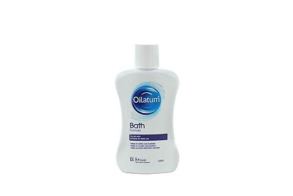 The Oilatum Bath Formula Emollient Wash (300ml) is a white bottle with a blue, circular design label. This product offers soothing relief for dry, itchy skin and eczema and is suitable for all ages.