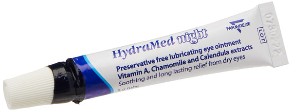 The HYDRAMED Hydramed Night Tube (5g) features a blue and white design perfect for dry eyes. It contains Vitamin A, Chamomile, and Calendula extracts for soothing relief and comes in a convenient 5g tube.