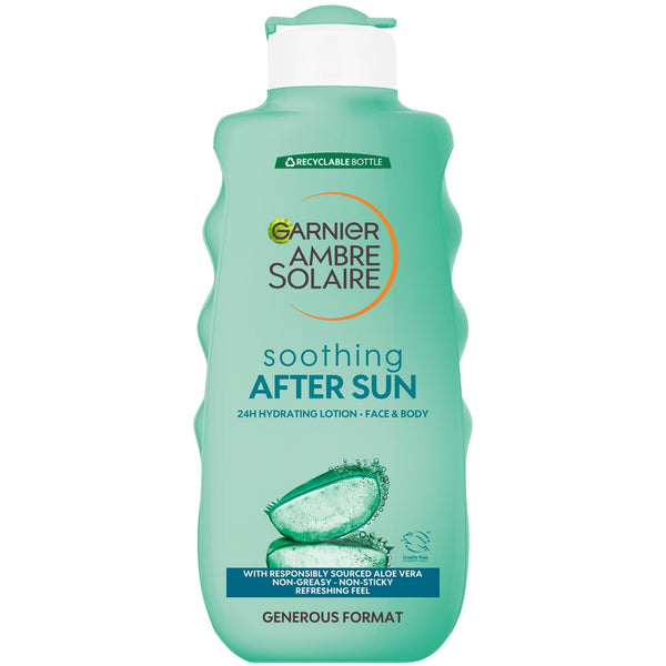 Garnier Ambre Solaire Soothing After Sun Lotion (200ml) hydrates sun-exposed skin for 24 hours, is suitable for face and body, features aloe vera imagery, has a recyclable label, and comes in a generous size.