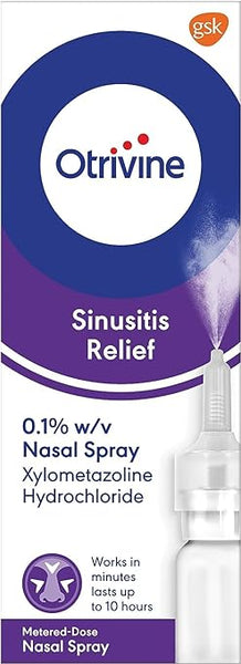 Image of Otrivine Adult Sinusitis Spray (10ml) packaging, showing its 0.1% w/v Xylometazoline Hydrochloride content for powerful nasal congestion relief in minutes, lasting up to 10 hours. Includes metered-dose illustration and the GSK logo at the top.