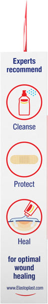 A vertical box displays three circular icons: a spray bottle for Cleanse, a bandage for Protect, and a tube for Heal. Experts recommend these steps for optimal wound healing with Elastoplast Fabric Finger Strip Plasters, known for their flexible fabric. Visit www.Elastoplast.com.