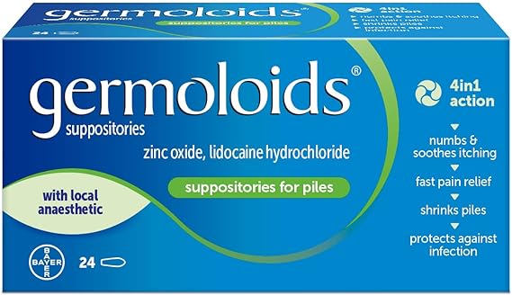 Germoloids Triple Action suppositories, branded by Germoloids, offer 4 in 1 action for haemorrhoid treatment with zinc oxide and lidocaine hydrochloride, providing fast relief and shrinking. The package contains 24 suppositories to effectively ease discomfort.