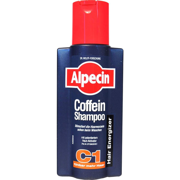 The Alpecin Caffeine Shampoo 250ml features a dark blue body and red cap. Its label emphasizes caffeine formula benefits, promising to energize hair and stimulate roots, highlighting effective hair loss prevention and growth support with German text.