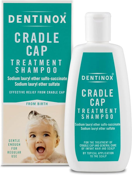 The Dentinox Cradle Cap Treatment (75ml) is shown with its teal and white packaging, featuring a smiling baby. It highlights a gentle formula ideal for infant scalp care and effective cradle cap relief.