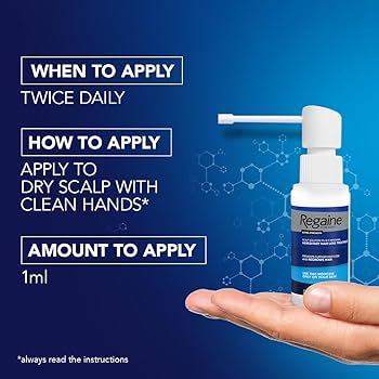 A hand holds a blue and white Regaine For Men Solution 5% bottle with a thin nozzle, promising hair regrowth. It states: When to apply: twice daily, How to apply: apply to dry scalp with clean hands*, Amount to apply: 1ml. Molecular graphics appear in the background.