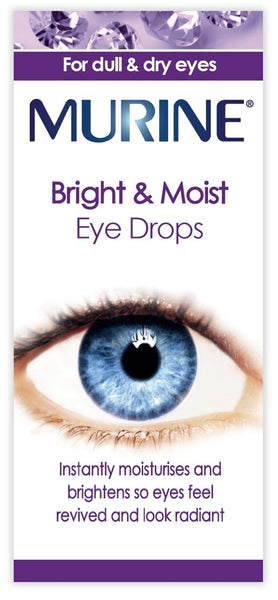 The packaging for Murine Bright & Moist Eye Drops (15ml) features a blue eye close-up and states For dull & dry eyes, promoting revived, radiant eyes through moisturizing, brightening, and comfort-enhancing benefits.