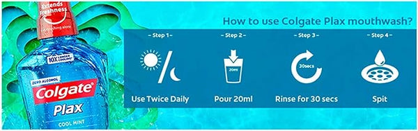 Image of Colgate Plax Soft Green Mint Mouthwash (500ml) instructions: Step 1, use twice daily; Step 2, pour 20ml; Step 3, rinse for 30 seconds; Step 4, spit. This antibacterial mouthwash from Colgate enhances oral health. Background includes a bottle and water splash.