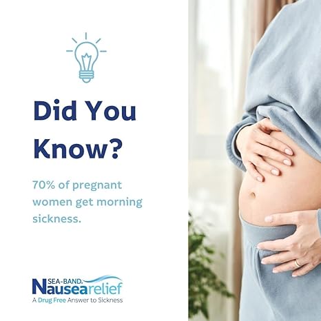 A pregnant woman is on the right, and on the left, text reads: Did You Know? 70% of pregnant women experience morning sickness. Discover Sea-Band Mama Acupressure Bands for a drug-free nausea relief solution from Sea-Band.