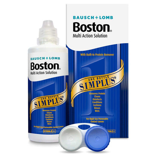 The image shows a box and bottle of Bausch & Lomb Boston Simplus Solution (120ml), perfect for rigid gas permeable lenses. This multi-action solution cleans, disinfects, and conditions, and includes a contact lens case with blue and white caps for an ideal eye care routine.