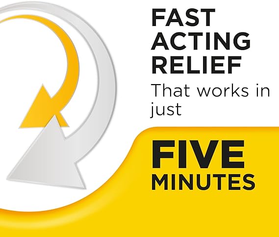 Graphic with bold text: Rapid Relief That Works in FIVE MINUTES. Featuring a dynamic yellow and gray swoosh and arrow on white, showcasing Strepsils Honey & Lemon Lozenges (24) for quick sore throat relief.