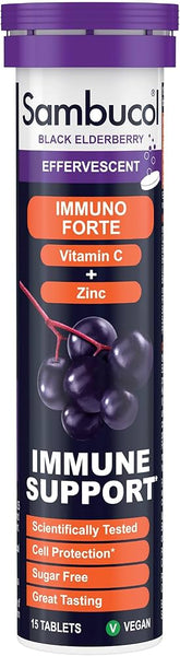 A purple tube of Sambucol Immuno Forte Black Elderberry Effervescent (15 tablets) highlights “Immune Support,” vitamin C, zinc, sugar-free, vegan, great taste, scientific testing, and cell protection benefits.