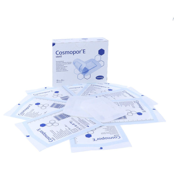 Cosmopor E- 10 cm X 8 cm (25pcs) sterile dressings feature a self-adhesive, hypoallergenic synthetic design. Each blue box with text and hexagonal graphics contains individually packaged dressings for comfort.