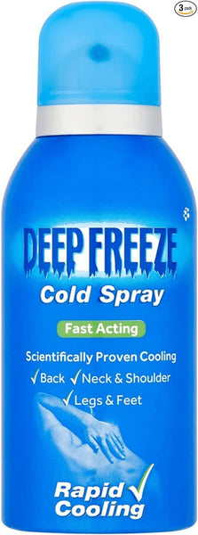 The Deep Freeze Cold Spray (75ml) by Deep Freeze is in a blue can with a light blue cap, highlighting Fast Acting and Scientifically Proven Cooling. Suitable for Back, Neck & Shoulder, Legs & Feet, it targets sports injuries and pain relief with Rapid Cooling, shown by a hand image.