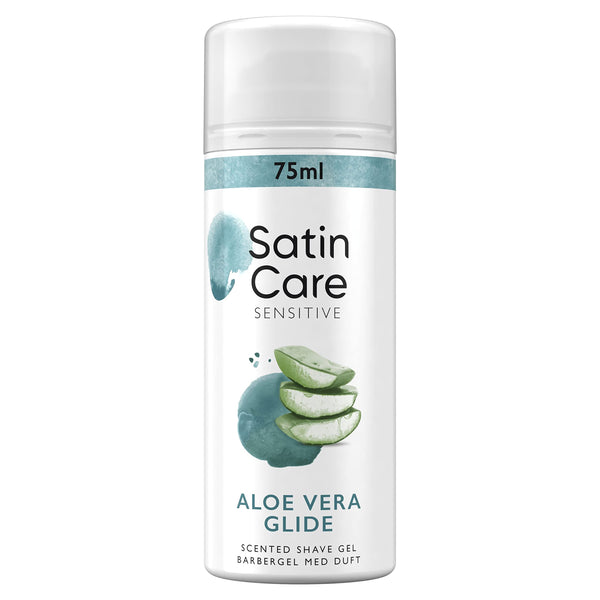 Gillette Satin Care Womens Shaving Gel (75 ML), features an Aloe Vera Glide design with aloe vera slices and a silky gel droplet illustration, ensuring a smooth razor glide and perfect for sensitive skin.