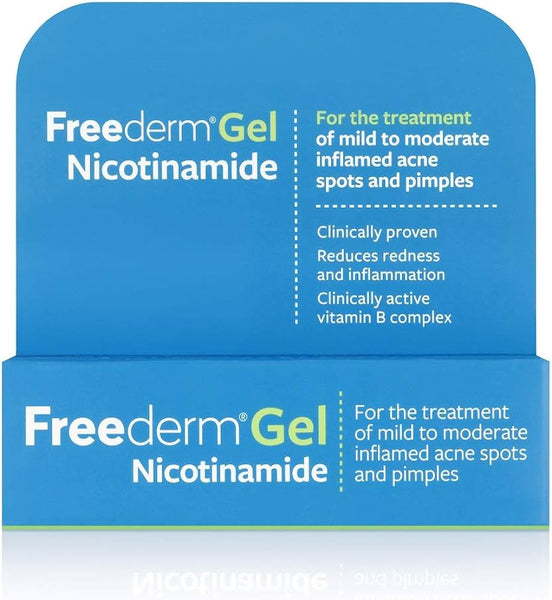 The close-up of a Freederm 10g Acne Gel box showcases its blue packaging, emphasizing acne treatment with anti-inflammatory properties to reduce redness and swelling. It features nicotinamide, a vitamin B complex ingredient for addressing mild to moderate inflamed acne.