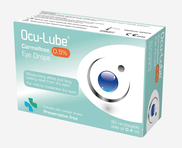 Ocu-Lube Carmellose 0.5% Preservative Free Eye Drops come in a box containing 30 vials (0.4 ml each) and are ideal for dry eye relief. The teal and white packaging with an eye graphic ensures moisturizing effects, long-lasting comfort, and suitability with contact lenses.