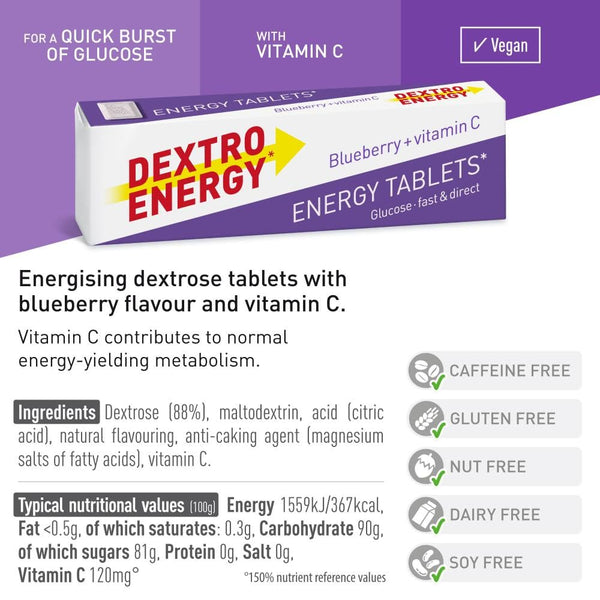 Image of a Dextro Energy Tablets - Blueberry box (Pack of 24) highlighting energy tablets enriched with vitamin C to enhance metabolism. Features: vegan, caffeine-free, gluten-free, nut-free, dairy-free, and soy-free. Nutritional info and ingredients are clearly visible.