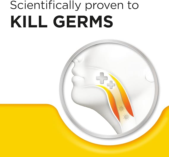 The illustration shows a persons side profile with a highlighted throat area, plus symbols, and arrows. Text reads Scientifically proven to kill germs for sore throat relief. Orange and yellow waves symbolize the soothing effect of Strepsils Honey & Lemon Lozenges antiseptic ingredients.