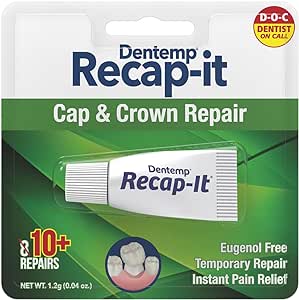 The packaging for Dentemp Recap-It, a dental cement for cap and crown repair, includes a tube labeled Recap-It with the text Eugenol Free, Temporary Repair, Instant Pain Relief. It offers over 8+ repairs and weighs 1.2g.