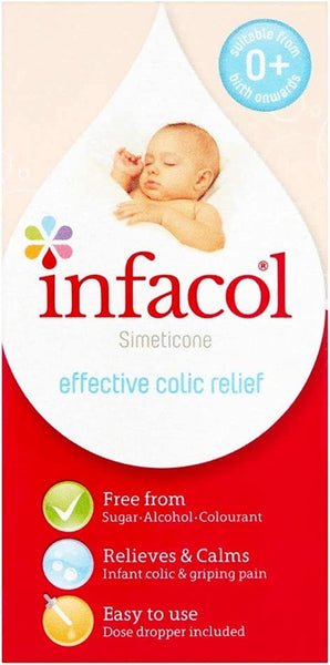 The Infacol Colic Relief (75ml) package showcases a serene sleeping baby, highlighting its effectiveness in easing infant colic with simeticone. This gentle, easy-to-use formula is suitable from birth and free of sugar, alcohol, and colorants.