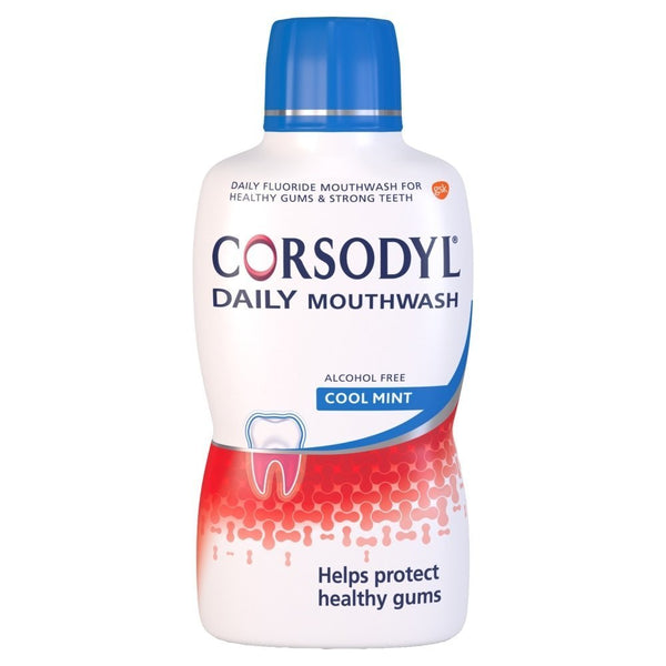 A 500ml Corsodyl mouthwash bottle, white with a blue cap, displays an Alcohol Free Cool Mint label. It promotes oral health, claiming to protect gums and help remove plaque, with a tooth graphic on the lower bottle.