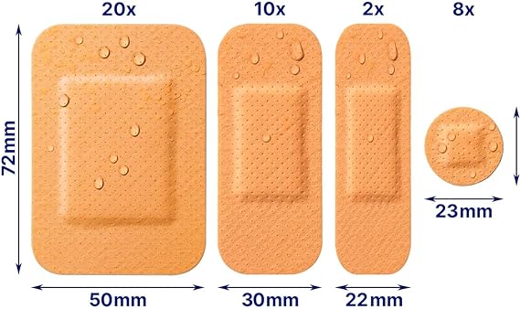 The Elastoplast Water Resistant 40 Plasters pack displays four differently shaped and sized plasters with water droplets, ideal for wound care. It includes 20 of 50x72mm, 10 of 30x72mm, 2 of 22x72mm sizes, and eight round ones with a 23mm diameter—a must-have for any first-aid kit.