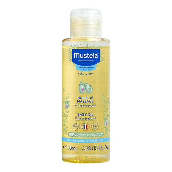Mustela Baby Oil (100ml) features avocado oil and is gentle for delicate skin. The clear plastic bottle has a blue label with avocado images, making it ideal for soothing baby massage from birth.