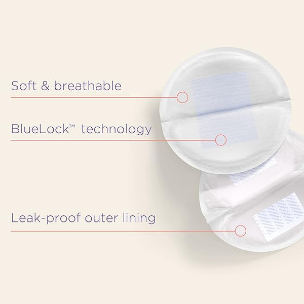 Image shows Lansinoh Disposable Breast Pads (60) by Care featuring Soft & breathable, BlueLock™ technology, and a Leak-proof outer lining. With an ultra-absorbent core, these white pads with a blue patterned center keep breastfeeding mothers comfortable and dry.