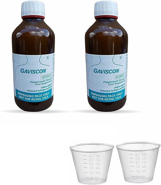 Two brown 500ml bottles of Gaviscon Advance Peppermint Suspension with blue labels are displayed. Below them are two clear measuring cups marked in milliliters. The label highlights Peppermint Flavor, heartburn relief, and states Not for Retail Sale.